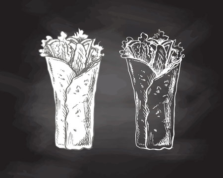 Hand-drawn sketch style burrito wrap with vegetables and meat pieces isolated on chalkboard background. fast food illustration. vintage drawing. Element for the design of labels, packaging and postcards.のイラスト素材