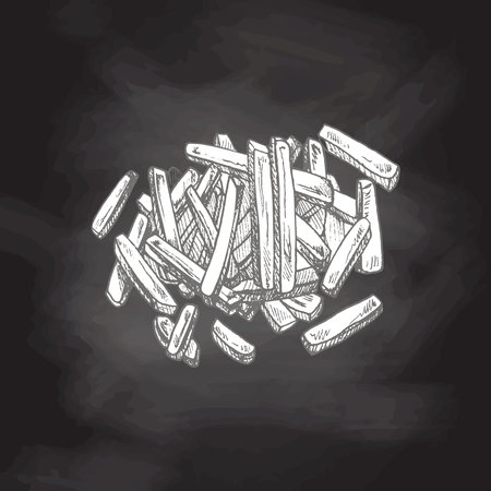 Hand-drawn sketch of french fries isolated on chalkboard background. fast food illustration. vintage drawing. Element for the design of labels, packaging and postcards.のイラスト素材