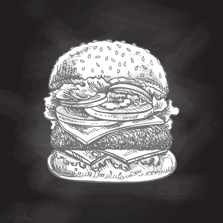 Hand-drawn sketch of great delicious sandwich, burger, hamburger isolated on chalkboard background. Fast food vintage illustration. Element for the design of labels, packaging and postcardsのイラスト素材