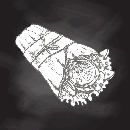 Hand-drawn sketch style burrito wrap with vegetables pieces in paper package isolated on chalkboard background. fast food illustration. vintage drawing. Element for the design of labels, packaging and postcards.のイラスト素材
