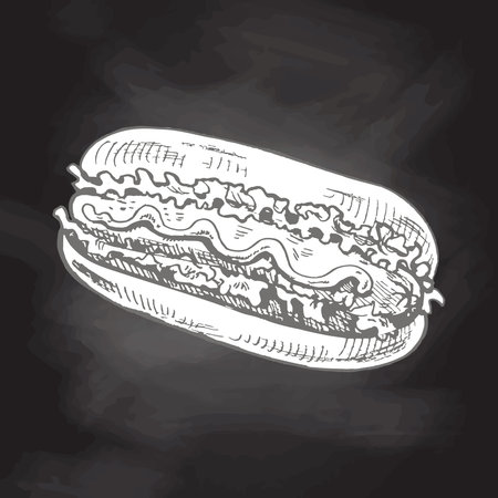 Hand-drawn sketch of hot dog isolated on chalkboard background. fast food illustration. vintage drawing. Element for the design of labels, packaging and postcards.のイラスト素材