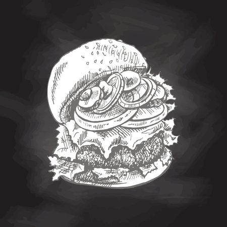 Hand-drawn sketch of great delicious sandwich, burger, hamburger isolated on chalkboard background. Fast food vintage illustration. Element for the design of labels, packaging and postcardsのイラスト素材