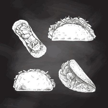 Taco set. Hand-drawn sketch illustrations of traditional mexican food isolated on chalkboard background. Top, front, perspective view. vintage. Element for the design of labels, packaging and postcardsのイラスト素材