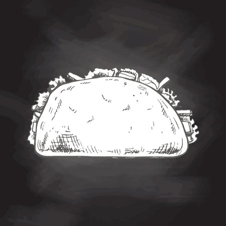 Hand-drawn sketch style pizza slice isolated on chalkboard background.. Pizza with mozzarella, tomato sauce, sausage, arugula leaves, olives, tomatoes, melted cheese. Fast food vintage illustration.のイラスト素材