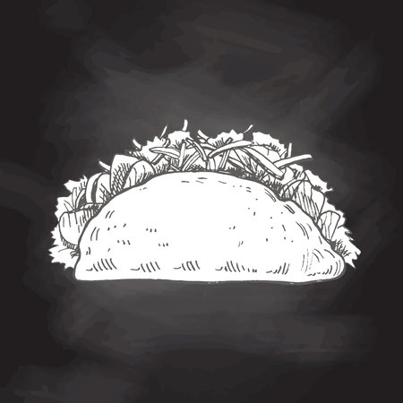 Hand-drawn sketch of taco isolated on chalkboard background. Fast food vintage illustration. Element for the design of labels, packaging and postcardsのイラスト素材