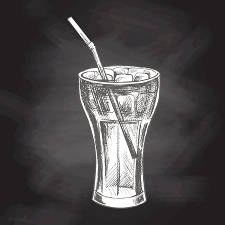 Hand-drawn sketch of cola glass with ice isolated on chalkboard background. Fast food vintage illustration. Element for the design of labels, packaging and postcardsのイラスト素材