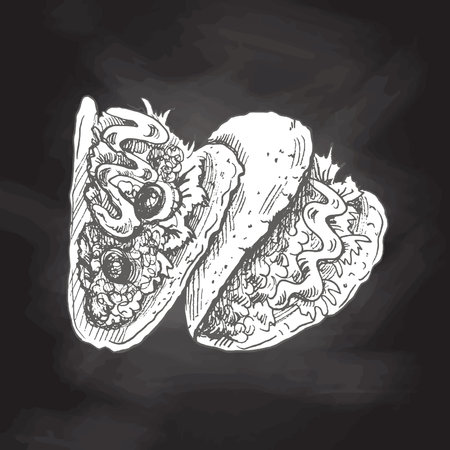 Hand-drawn sketch of taco isolated on chalkboard background. Fast food vintage illustration. Element for the design of labels, packaging and postcardsのイラスト素材