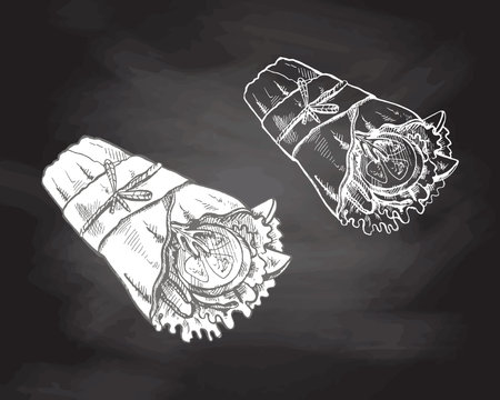 Hand-drawn sketch style burrito wrap with vegetables pieces in paper package isolated on chalkboard background. fast food illustration. vintage drawing. Element for the design of labels, packaging and postcards.のイラスト素材