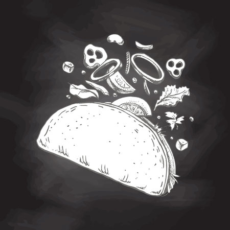 Hand-drawn sketch of taco isolated on chalkboard background. Flying ingredients. Onion rings, tomato, cucumber, beans, tortilla. Fast food vintage illustration. Element for the design of labels, packaging and postcardsのイラスト素材