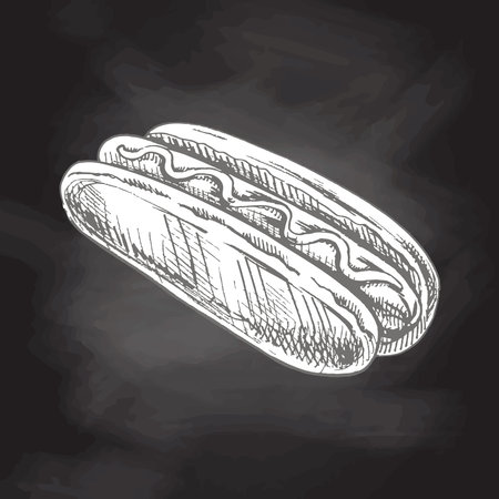 Hand-drawn sketch of hot dog isolated on chalkboard background. fast food illustration. vintage drawing. Element for the design of labels, packaging and postcards.のイラスト素材