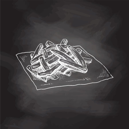 Hand-drawn sketch of french fries isolated on chalkboard background. fast food illustration. vintage drawing. Element for the design of labels, packaging and postcards.のイラスト素材