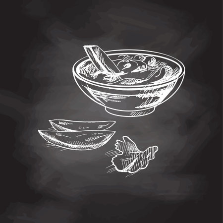 Hand-drawn sketch of french fries potato with tomato sauce isolated on chalkboard background. fast food illustration. vintage drawing. Element for the design of labels, packaging and postcards.のイラスト素材
