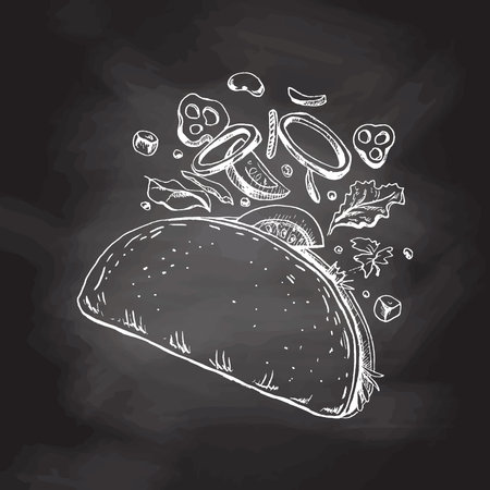 Hand-drawn sketch of taco on chalkboard background. Flying ingredients. Onion rings, tomato, cucumber, beans, tortilla. Fast food vintage illustration. Element for the design of labels, packaging and postcardsのイラスト素材