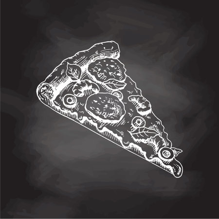 Hand-drawn sketch style pizza slice isolated on chalkboard background. Pizza with mozzarella, tomato sauce, sausage, olives, shrimps, melted cheese. Fast food vintage illustration.のイラスト素材