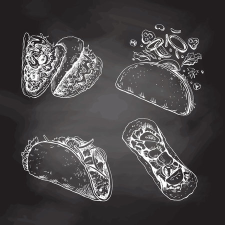 Taco set. Hand-drawn sketch illustrations of traditional mexican food isolated on chalkboard background. Top, front, perspective view and taco with flying ingredients. vintage. Element for the design of labels, packaging and postcardsのイラスト素材