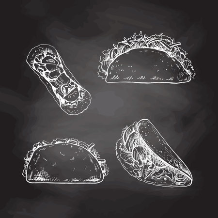 Tacos set isolated on chalkboard background. Hand-drawn sketch illustrations of traditional mexican food. Top, front, perspective view. vintage. Element for the design of labels, packaging and postcardsのイラスト素材
