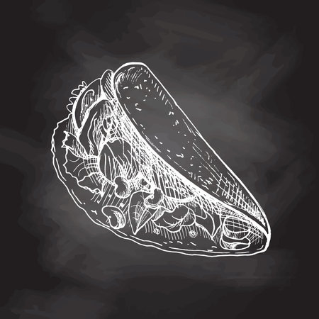 Hand-drawn sketch of taco isolated on chalkboard background. Fast food vintage illustration. Element for the design of labels, packaging and postcardsのイラスト素材