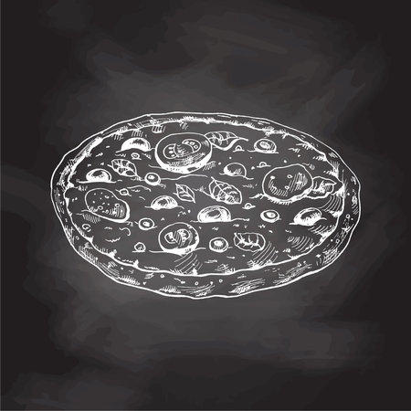 Hand-drawn sketch style pizza Margherita. Traditional Italian food. Dough, tomato sauce, melted mozzarella cheese, basil leaves, tomatoes. Vintage illustration isolated on chalkboard background. Element for the design of labels, packaging and postcardsのイラスト素材