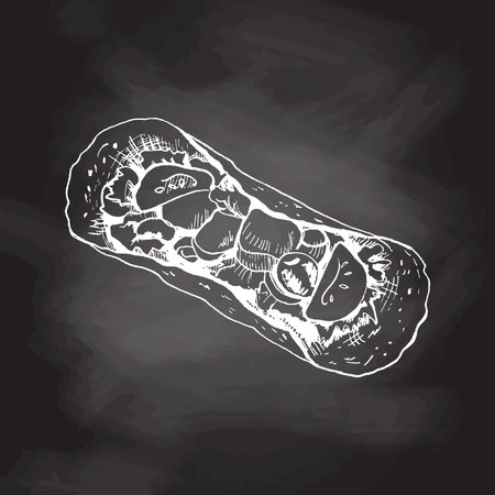 Taco top view. Hand-drawn sketch style taco on chalkboard background. Fast food vintage illustration. Element for the design of labels, packaging and postcardsのイラスト素材
