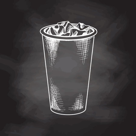 Hand-drawn sketch of paper cup of cola with ice isolated on chalkboard background. Fast food vintage illustration. Element for the design of labels, packaging and postcardsのイラスト素材