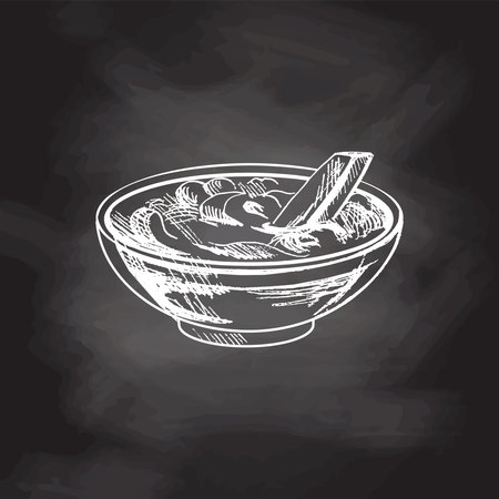 Hand-drawn sketch of french fries potato with tomato sauce isolated on chalkboard background. fast food illustration. vintage drawing. Element for the design of labels, packaging and postcards.のイラスト素材