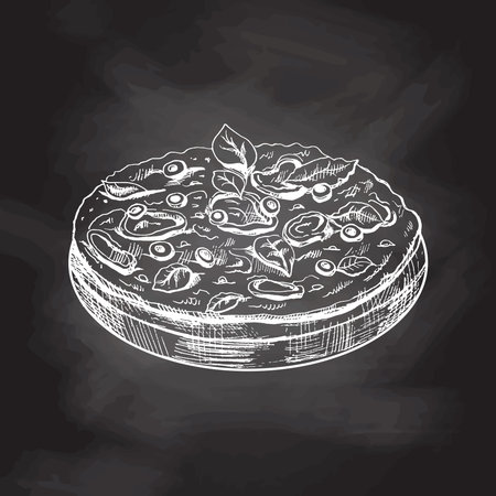 Hand-drawn sketch style vegetarian pizza on a wooden plate isolated on chalkboard background. Fast food vintage illustration. Element for the design of labels, packaging and postcards.のイラスト素材