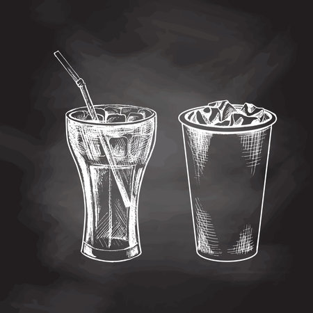 Hand-drawn sketch of cola glasses with ice isolated on chalkboard background. Fast food vintage illustration. Element for the design of labels, packaging and postcardsのイラスト素材