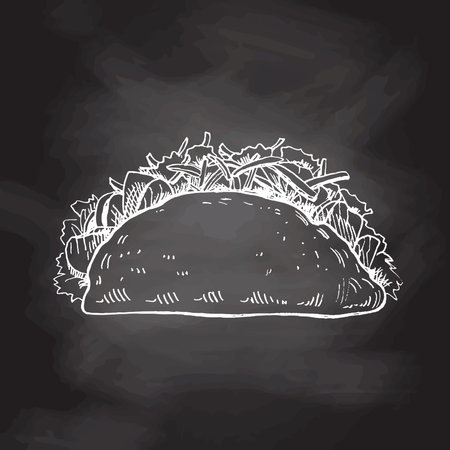 Hand-drawn sketch of taco isolated on chalkboard background. Fast food vintage illustration. Element for the design of labels, packaging and postcardsのイラスト素材