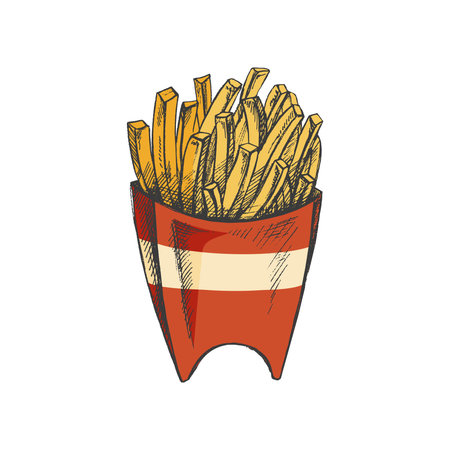 Hand-drawn colored sketch of french fries in a box isolated on white background. fast food illustration. vintage drawing. Great for menu, poster or restaurant background.のイラスト素材