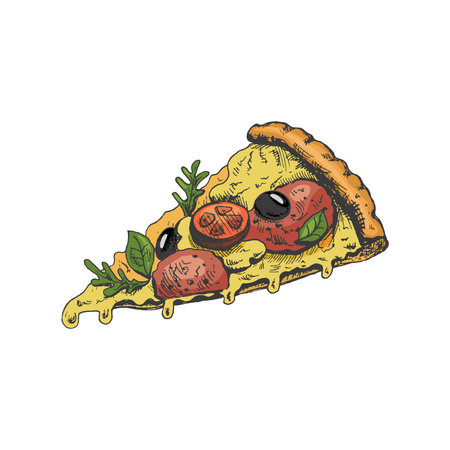 Hand-drawn colored sketch style pizza slice. Pizza with mozzarella, tomato sauce, sausage, arugula leaves, olives, tomatoes, melted cheese. Fast food vintage illustration.のイラスト素材