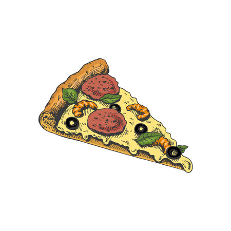 Hand-drawn colored sketch style pizza slice. Pizza with mozzarella, tomato sauce, sausage, olives, shrimps, melted cheese. Fast food vintage illustration.のイラスト素材