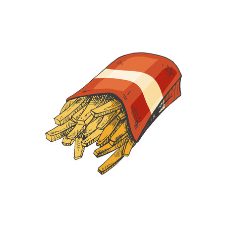 Hand-drawn colored sketch of french fries in a box isolated on white background. fast food illustration. vintage drawing. Great for menu, poster or restaurant background.のイラスト素材