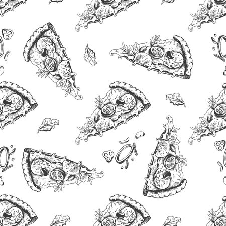 Vector vintage fast food seamless pattern. Hand drawn monochrome junk food illustration with pizza slice and greenery. Great for menu, poster or restaurant background.のイラスト素材