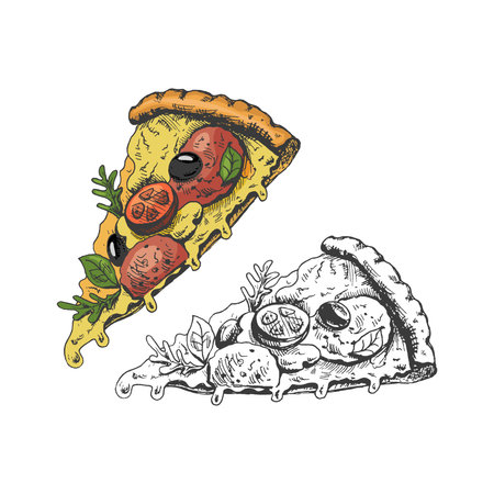 Hand-drawn colored and monochrome sketch set of pizza slice. Pizza with mozzarella, tomato sauce, sausage, arugula leaves, olives, tomatoes, melted cheese. Fast food vintage illustration.のイラスト素材