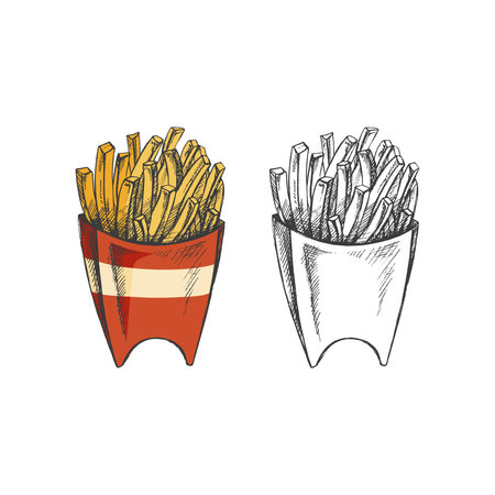 Hand-drawn colored and monochrome sketch set of french fries in a box isolated on white background. fast food illustration. vintage drawing. Great for menu, poster or restaurant background.のイラスト素材