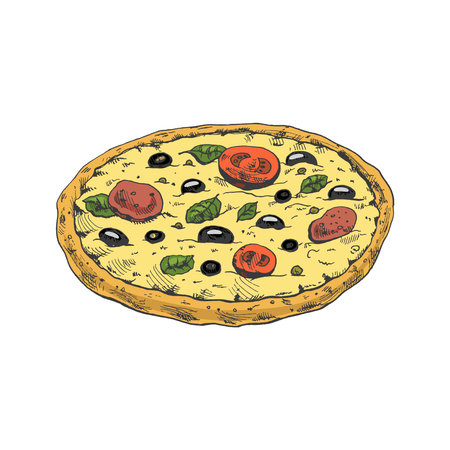 Hand-drawn colored sketch style pizza Margherita. Traditional Italian food. Dough, tomato sauce, melted mozzarella cheese, basil leaves, tomatoes. vintage illustration.のイラスト素材