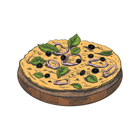 Hand-drawn sketch style vegetarian pizza on a wooden plate isolated on white background. Fast food vintage illustration. Great for menu, poster or restaurant background.のイラスト素材