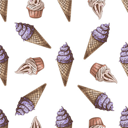 Vector vintage ice cream seamless pattern. Hand drawn colored illustration of waffle cones with frozen yogurt or soft ice cream in a cup. Great for menu, poster or restaurant background.のイラスト素材