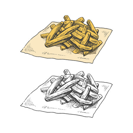 Hand-drawn colored and monochrome sketch set of french fries isolated on white background. fast food illustration. vintage drawing. Great for menu, poster or restaurant background.のイラスト素材