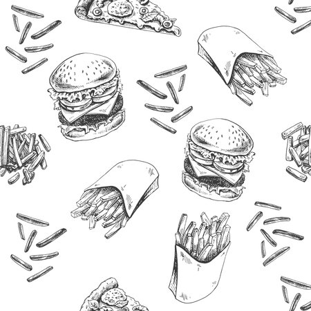 Vector vintage fast food seamless pattern. Hand drawn monochrome junk food illustration with burger and french fries. Great for menu, poster or restaurant background.のイラスト素材