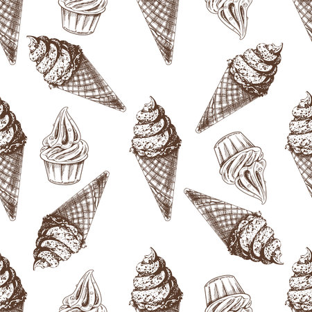 Vector vintage ice cream seamless pattern. Hand drawn monochrome illustration of waffle cones with frozen yogurt or soft ice cream in a cup. Great for menu, poster or restaurant background.のイラスト素材