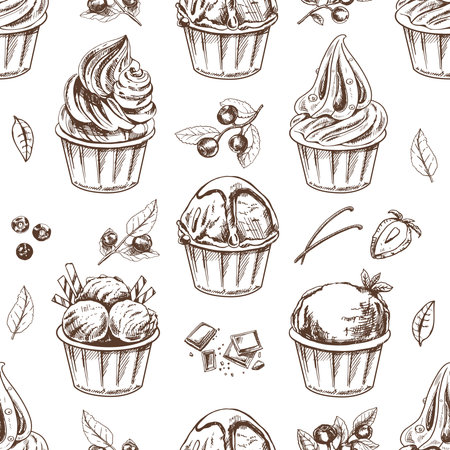 Vector vintage ice cream seamless pattern. Hand drawn monochrome illustration of ice cream balls, frozen yoghurt or cupcakes in cups, blueberries, strawberries, vanilla pods, chocolate. Great for menu, poster or restaurant background.のイラスト素材