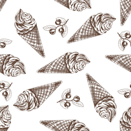 Vector vintage ice cream seamless pattern. Hand drawn monochrome illustration of waffle cones with frozen yogurt or soft ice cream and blueberry. Great for menu, poster or restaurant background.のイラスト素材