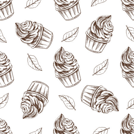 Vector vintage ice cream seamless pattern. Hand drawn monochrome illustration of frozen yogurt or soft ice cream, cupcake in a cup. Great for menu, poster or restaurant background.のイラスト素材