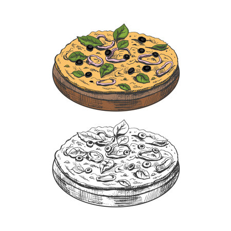 Hand-drawn colored and monochrome sketch of vegetarian pizza on a wooden plate isolated on white background. Fast food vintage illustration. Great for menu, poster or restaurant background.のイラスト素材