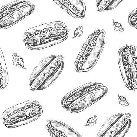 Vector vintage fast food seamless pattern. Hand drawn monochrome junk food illustration with hot dogs and greenery. Great for menu, poster or restaurant background.のイラスト素材
