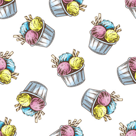 Vector vintage ice cream seamless pattern. Hand drawn colored illustration of an ice cream balls in a cup. Great for menu, poster or restaurant background.のイラスト素材