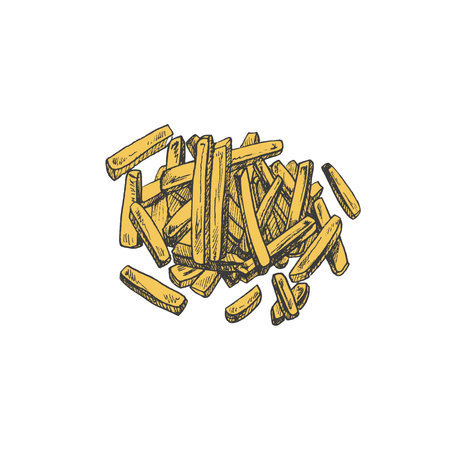 Hand-drawn colored sketch of french fries isolated on white background. fast food illustration. vintage drawing. Great for menu, poster or restaurant background.のイラスト素材