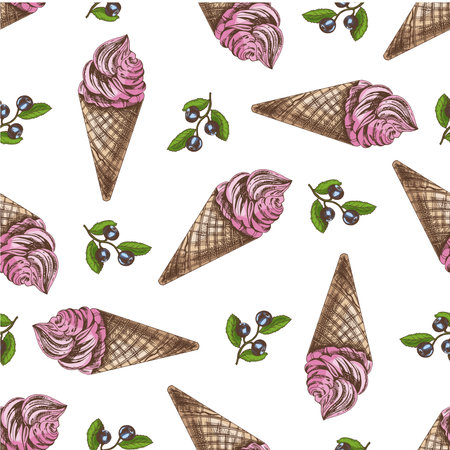 Vector vintage ice cream seamless pattern. Hand drawn colored illustration of waffle cones with frozen yogurt or soft ice cream and blueberry. Great for menu, poster or restaurant background.のイラスト素材