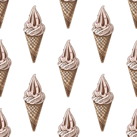 Vector vintage ice cream seamless pattern. Hand drawn colored illustration of waffle cones with frozen yogurt or soft ice cream. Great for menu, poster or restaurant background.のイラスト素材